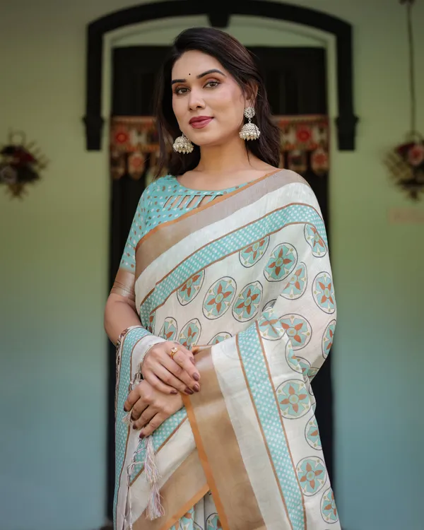 Beige_With_Aqua_Pure_Cotton_Linen_Saree_with_Geometric_Floral_Design_and_Tassels_on_Edges