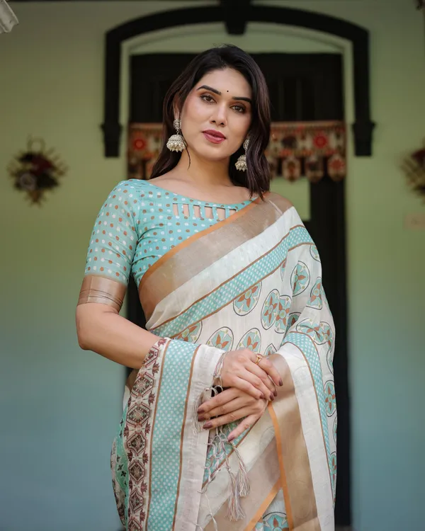 Beige_With_Aqua_Pure_Cotton_Linen_Saree_with_Geometric_Floral_Design_and_Tassels_on_Edges