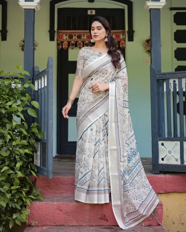 Beige_and_Blue_Floral_Printed_Pure_Cotton_Linen_Saree_with_Blouse_and_Tassels
