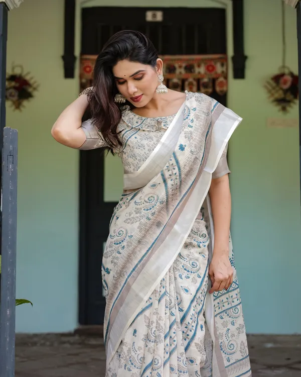 Beige_and_Blue_Floral_Printed_Pure_Cotton_Linen_Saree_with_Blouse_and_Tassels
