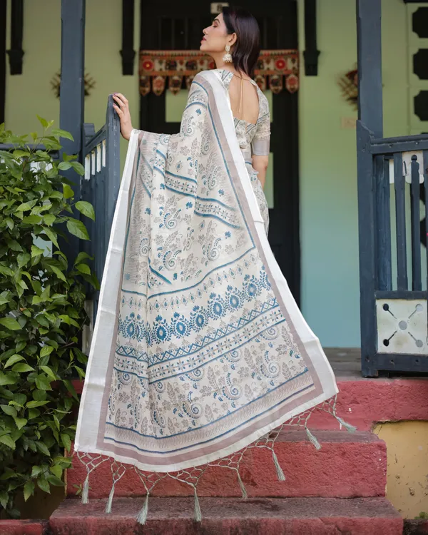 Beige_and_Blue_Floral_Printed_Pure_Cotton_Linen_Saree_with_Blouse_and_Tassels