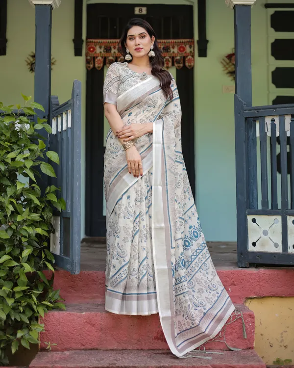 Beige_and_Blue_Floral_Printed_Pure_Cotton_Linen_Saree_with_Blouse_and_Tassels