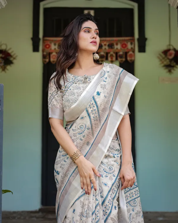Beige_and_Blue_Floral_Printed_Pure_Cotton_Linen_Saree_with_Blouse_and_Tassels