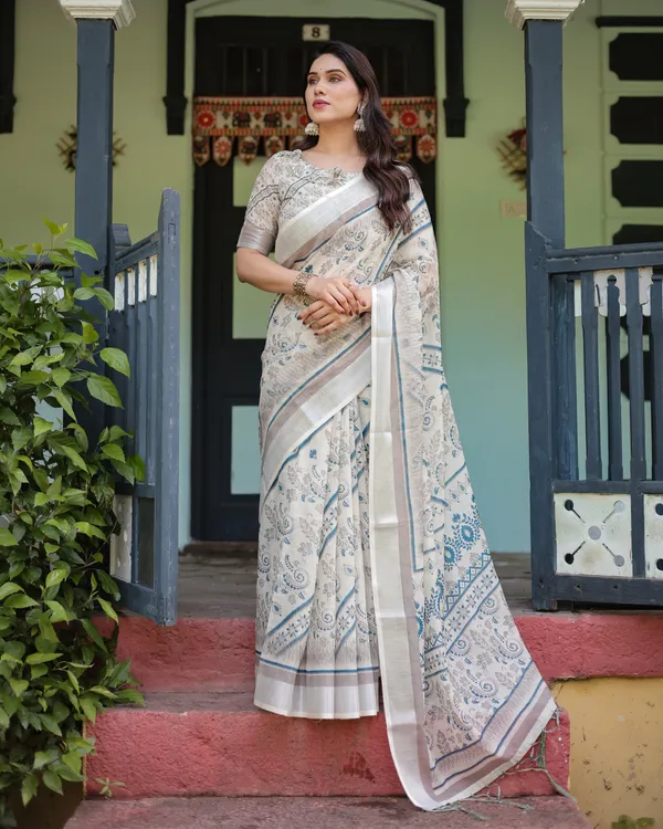 Beige_and_Blue_Floral_Printed_Pure_Cotton_Linen_Saree_with_Blouse_and_Tassels