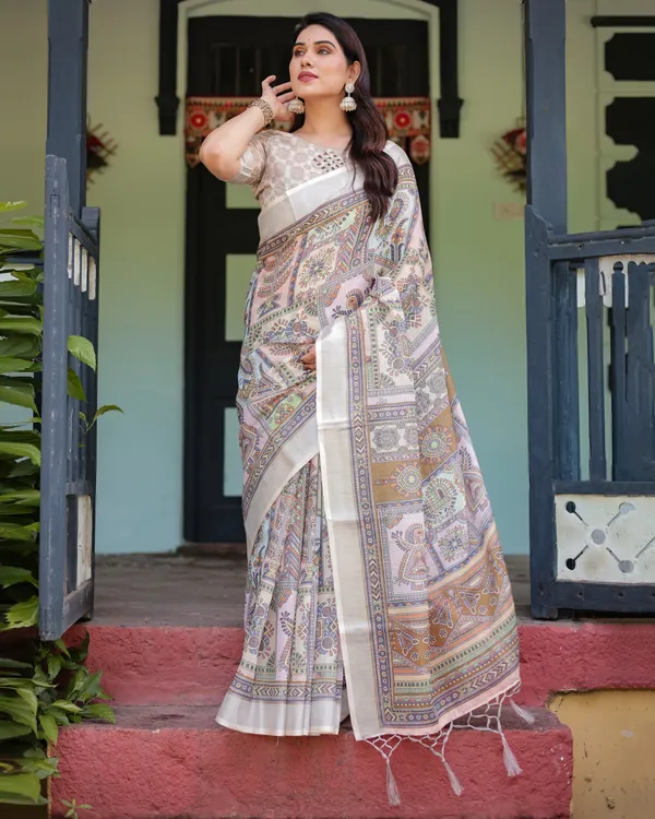 Cream_and_Pastel_Multicolour_Printed_Pure_Cotton_Linen_Saree_with_Blouse_and_Tassels_on_Edges