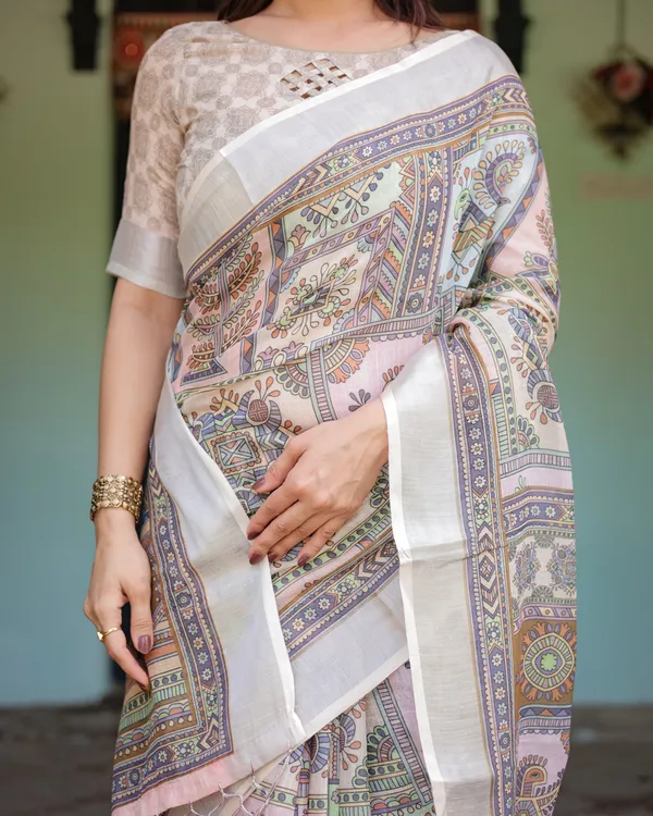 Cream_and_Pastel_Multicolour_Printed_Pure_Cotton_Linen_Saree_with_Blouse_and_Tassels_on_Edges