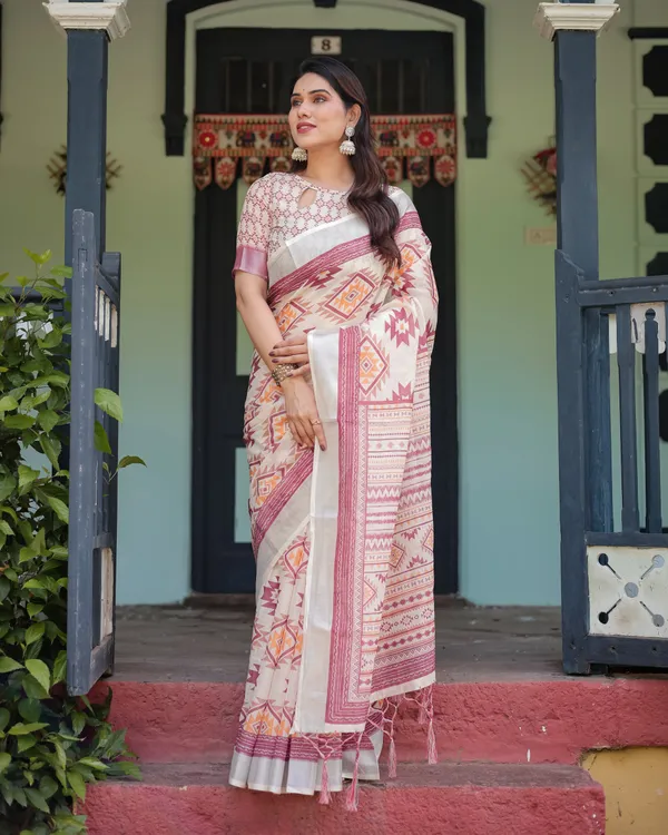 Cream_and_Maroon_Geometric_Printed_Pure_Cotton_Linen_Saree_with_Blouse_and_Tassels