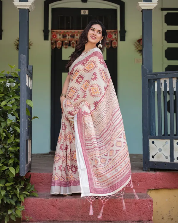 Cream_and_Maroon_Geometric_Printed_Pure_Cotton_Linen_Saree_with_Blouse_and_Tassels