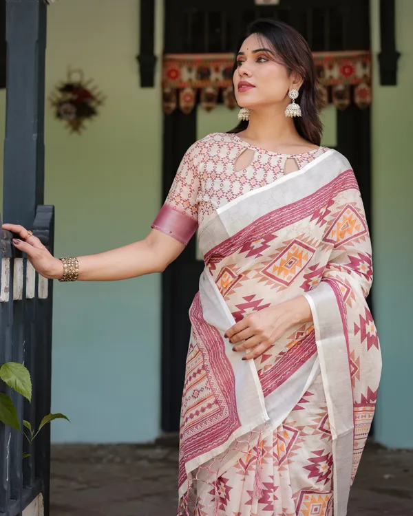 Cream_and_Maroon_Geometric_Printed_Pure_Cotton_Linen_Saree_with_Blouse_and_Tassels