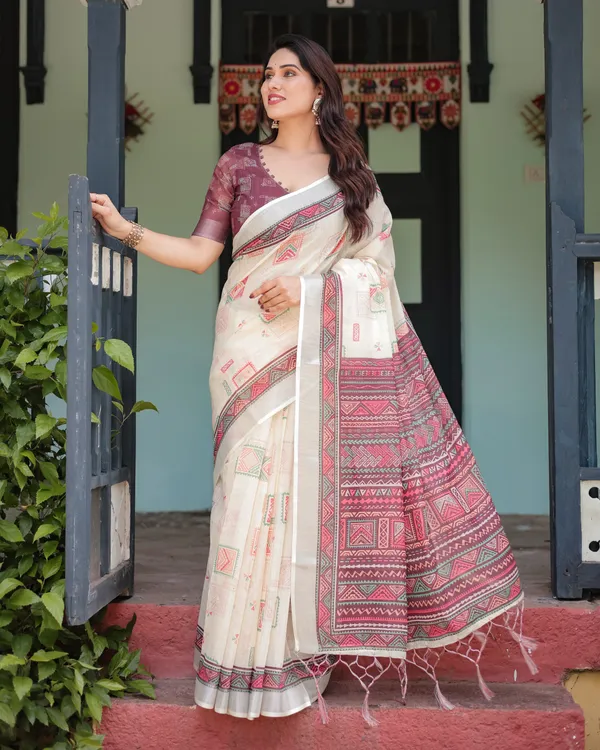 Off-white_Pure_Cotton_Linen_Saree_with_Intricate_Geometric_Pattern_and_Tassels_on_Edges