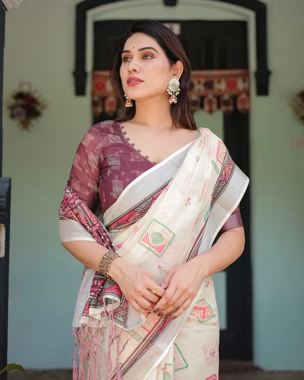 Off-white_Pure_Cotton_Linen_Saree_with_Intricate_Geometric_Pattern_and_Tassels_on_Edges