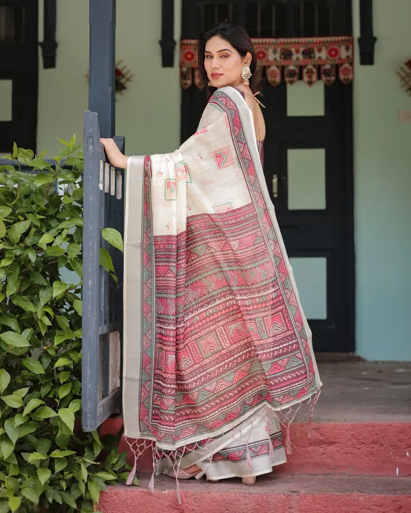Off-white_Pure_Cotton_Linen_Saree_with_Intricate_Geometric_Pattern_and_Tassels_on_Edges