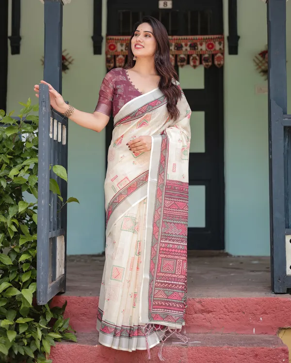 Off-white_Pure_Cotton_Linen_Saree_with_Intricate_Geometric_Pattern_and_Tassels_on_Edges