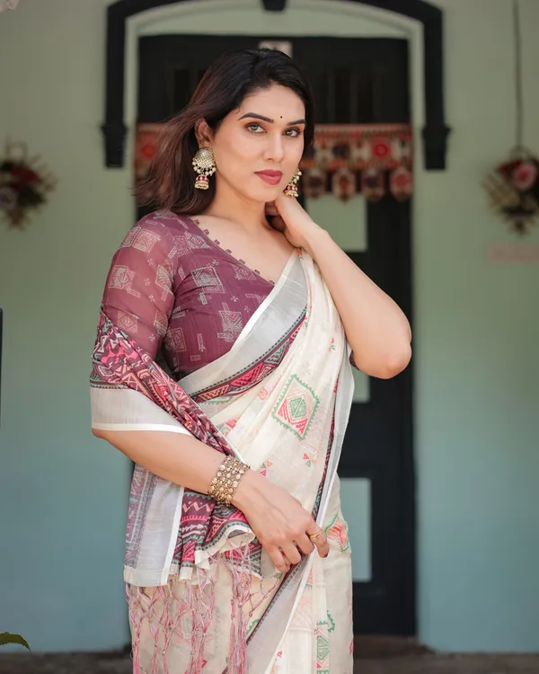 Off-white_Pure_Cotton_Linen_Saree_with_Intricate_Geometric_Pattern_and_Tassels_on_Edges