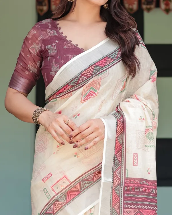 Off-white_Pure_Cotton_Linen_Saree_with_Intricate_Geometric_Pattern_and_Tassels_on_Edges