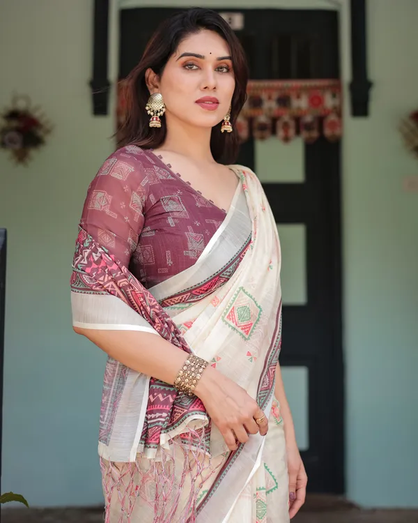 Off-white_Pure_Cotton_Linen_Saree_with_Intricate_Geometric_Pattern_and_Tassels_on_Edges