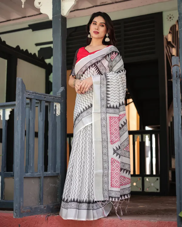 Black_and_White_Geometric_Pattern_Pure_Cotton_Linen_Saree_with_Red_Accents,_Blouse,_and_Tassel_Details