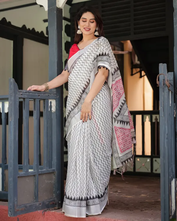 Black_and_White_Geometric_Pattern_Pure_Cotton_Linen_Saree_with_Red_Accents,_Blouse,_and_Tassel_Details