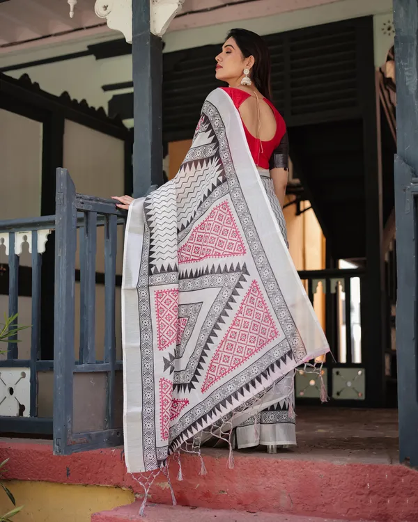 Black_and_White_Geometric_Pattern_Pure_Cotton_Linen_Saree_with_Red_Accents,_Blouse,_and_Tassel_Details