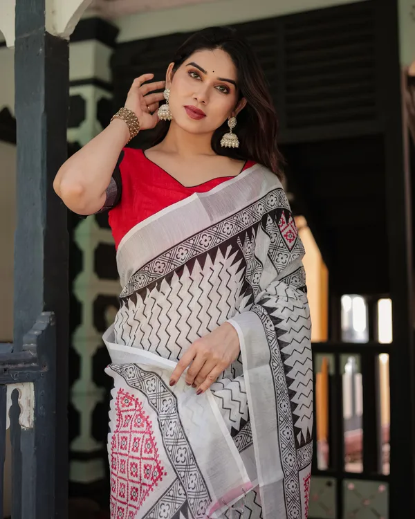 Black_and_White_Geometric_Pattern_Pure_Cotton_Linen_Saree_with_Red_Accents,_Blouse,_and_Tassel_Details