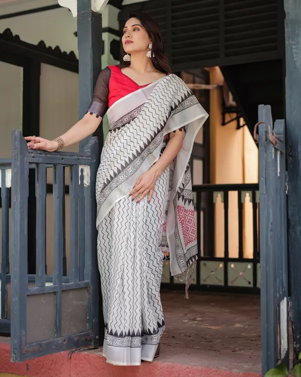 Black_and_White_Geometric_Pattern_Pure_Cotton_Linen_Saree_with_Red_Accents,_Blouse,_and_Tassel_Details