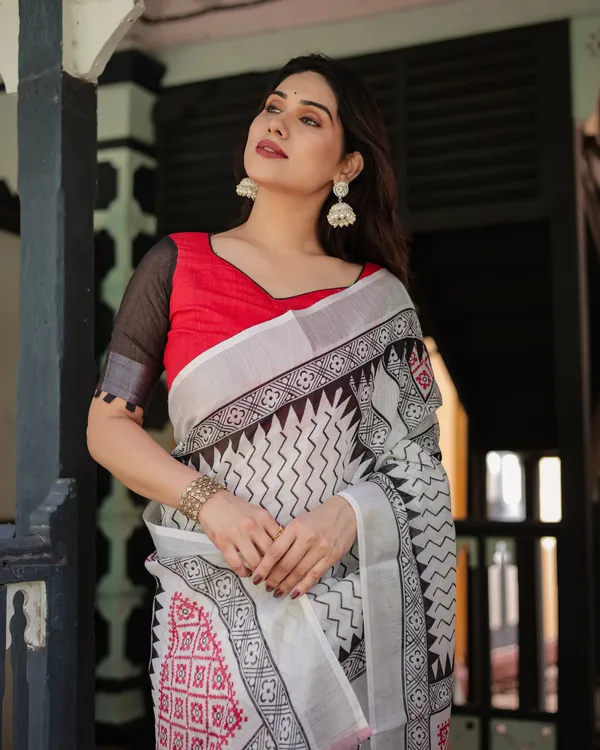 Black_and_White_Geometric_Pattern_Pure_Cotton_Linen_Saree_with_Red_Accents,_Blouse,_and_Tassel_Details