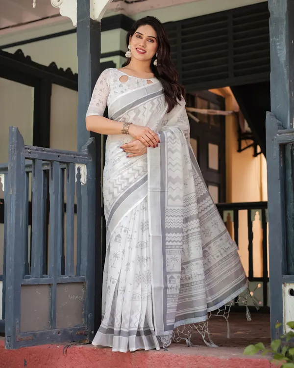 Elegant_Pure_Cotton_Linen_Saree_with_Intricate_Grey_and_White_Pattern,_Complete_with_Blouse_and_Tassels