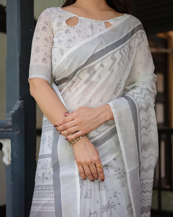 Elegant_Pure_Cotton_Linen_Saree_with_Intricate_Grey_and_White_Pattern,_Complete_with_Blouse_and_Tassels