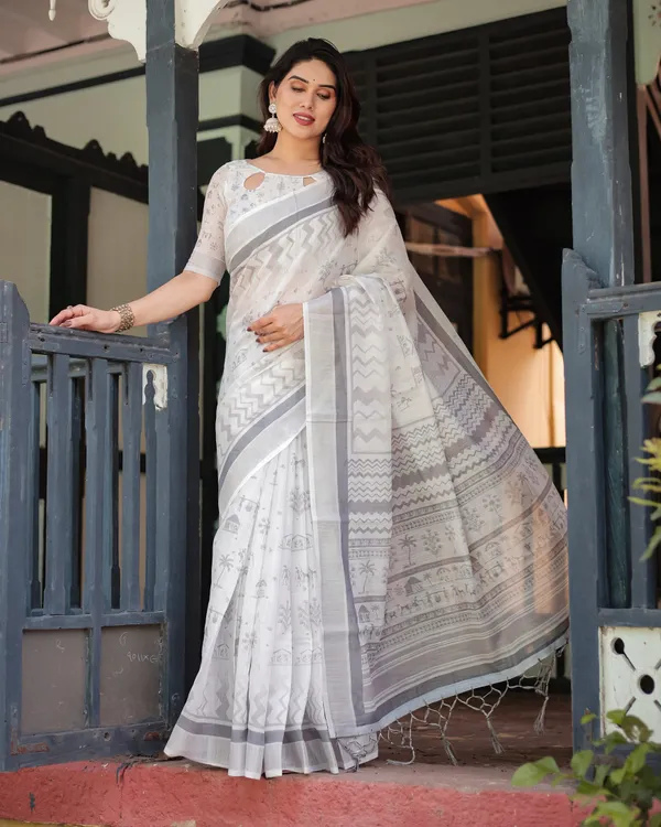 Elegant_Pure_Cotton_Linen_Saree_with_Intricate_Grey_and_White_Pattern,_Complete_with_Blouse_and_Tassels