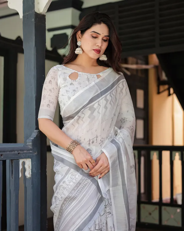 Elegant_Pure_Cotton_Linen_Saree_with_Intricate_Grey_and_White_Pattern,_Complete_with_Blouse_and_Tassels