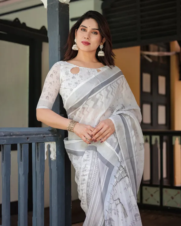 Elegant_Pure_Cotton_Linen_Saree_with_Intricate_Grey_and_White_Pattern,_Complete_with_Blouse_and_Tassels