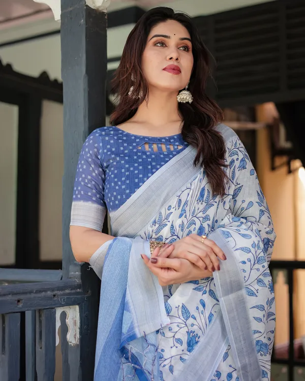 Blue_and_White_Floral_Pure_Cotton_Linen_Saree_with_Blouse_and_Tassels