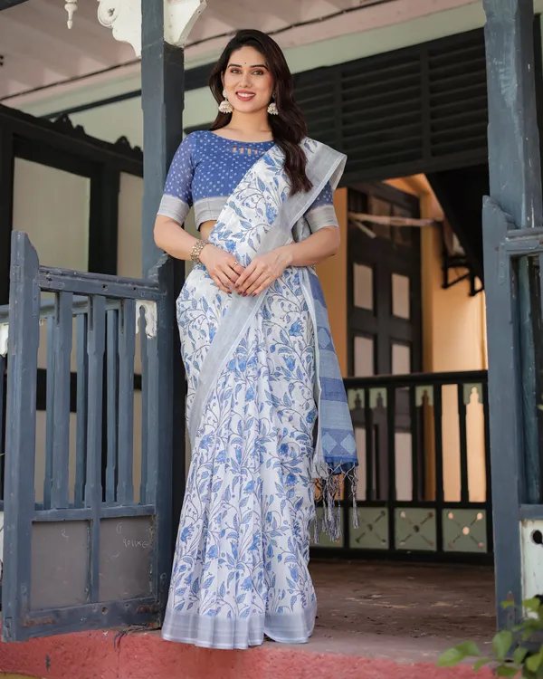 Blue_and_White_Floral_Pure_Cotton_Linen_Saree_with_Blouse_and_Tassels