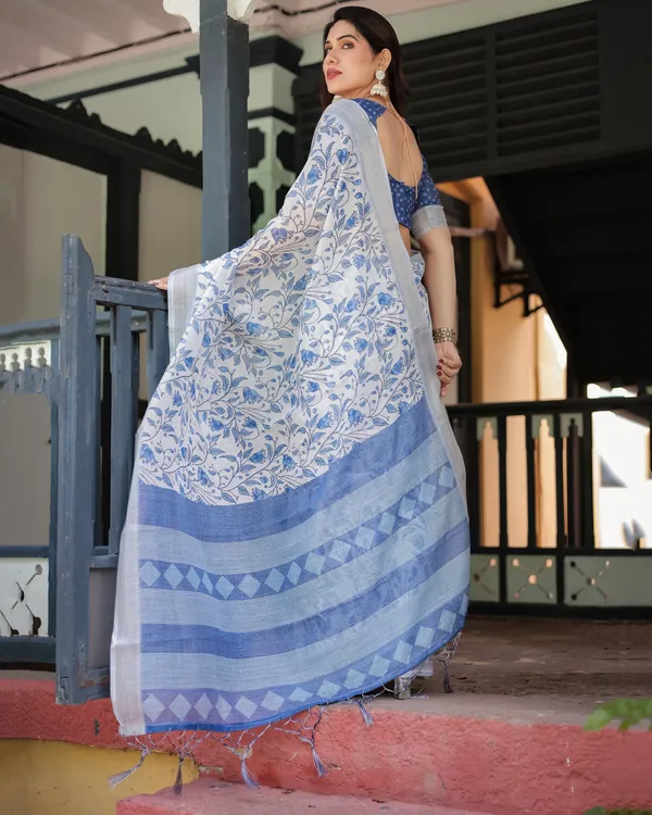 Blue_and_White_Floral_Pure_Cotton_Linen_Saree_with_Blouse_and_Tassels