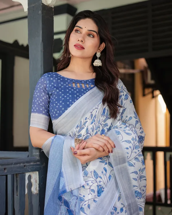Blue_and_White_Floral_Pure_Cotton_Linen_Saree_with_Blouse_and_Tassels