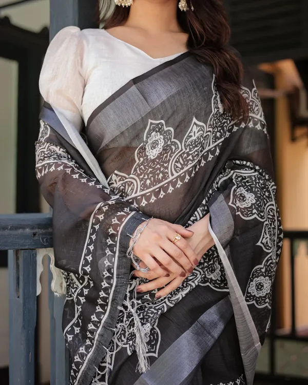 Black_and_White_Pure_Cotton_Linen_Saree_with_Intricate_Floral_Design_and_Tassels_on_Edges