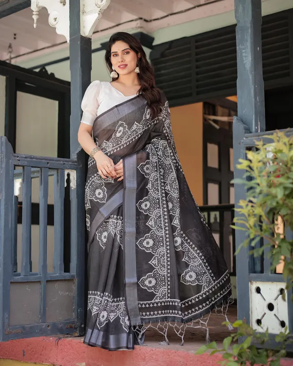 Black_and_White_Pure_Cotton_Linen_Saree_with_Intricate_Floral_Design_and_Tassels_on_Edges