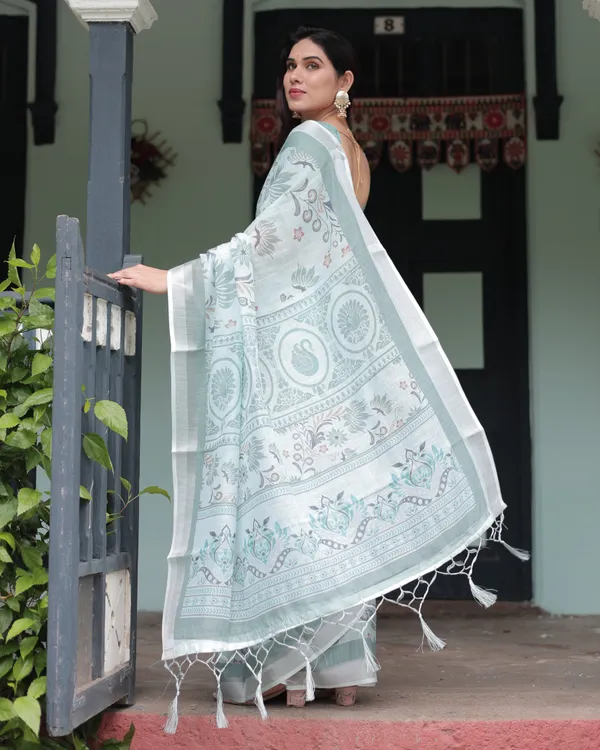 Mint_Green_Floral_Pure_Cotton_Linen_Saree_with_Blouse_and_Tassels