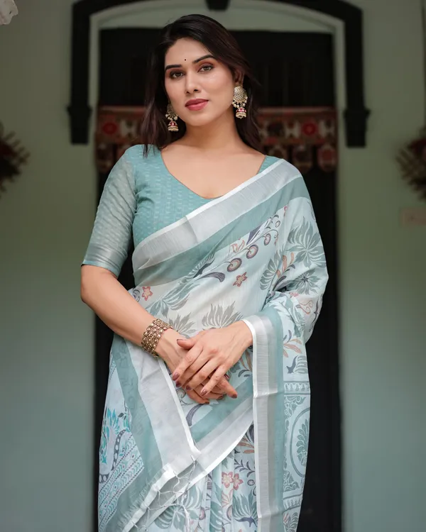 Mint_Green_Floral_Pure_Cotton_Linen_Saree_with_Blouse_and_Tassels