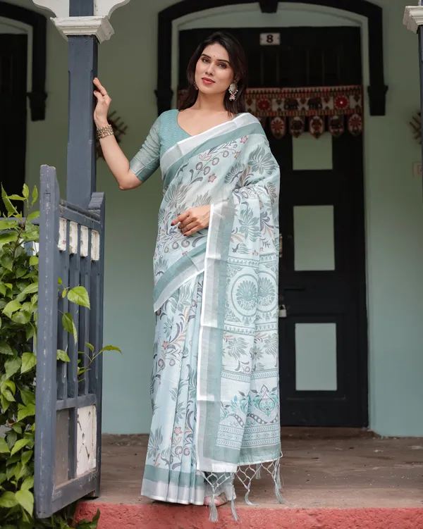 Mint_Green_Floral_Pure_Cotton_Linen_Saree_with_Blouse_and_Tassels