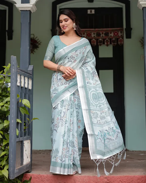 Mint_Green_Floral_Pure_Cotton_Linen_Saree_with_Blouse_and_Tassels