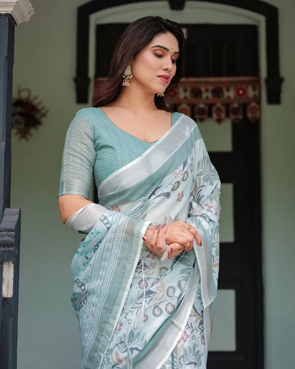 Mint_Green_Floral_Pure_Cotton_Linen_Saree_with_Blouse_and_Tassels
