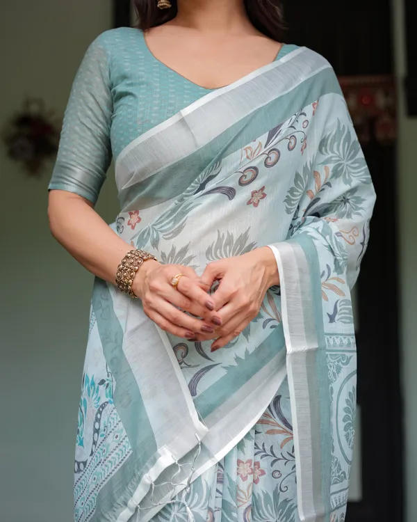 Mint_Green_Floral_Pure_Cotton_Linen_Saree_with_Blouse_and_Tassels