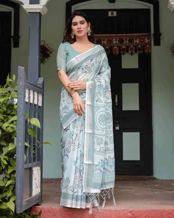 Mint_Green_Floral_Pure_Cotton_Linen_Saree_with_Blouse_and_Tassels
