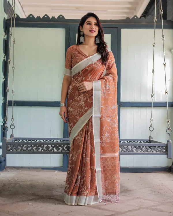 Terracotta_Brown_Floral_Handprinted_Pure_Cotton_Linen_Saree_with_Tassels