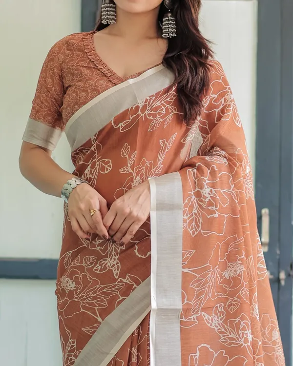 Terracotta_Brown_Floral_Handprinted_Pure_Cotton_Linen_Saree_with_Tassels