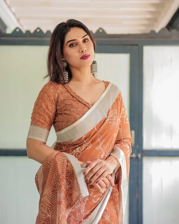 Terracotta_Brown_Floral_Handprinted_Pure_Cotton_Linen_Saree_with_Tassels
