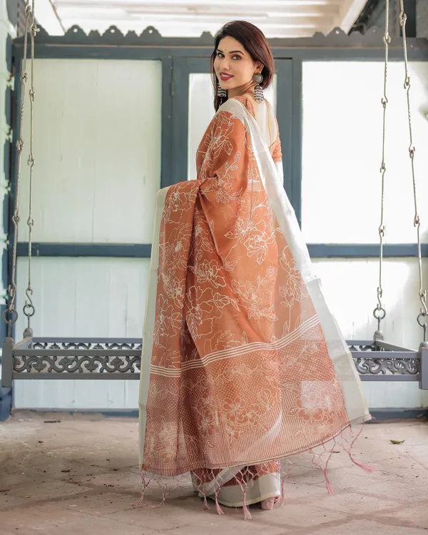 Terracotta_Brown_Floral_Handprinted_Pure_Cotton_Linen_Saree_with_Tassels