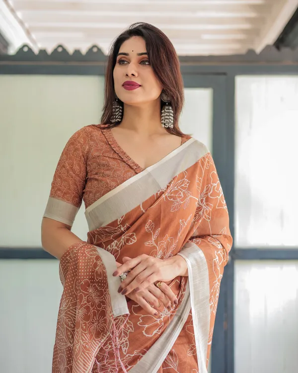 Terracotta_Brown_Floral_Handprinted_Pure_Cotton_Linen_Saree_with_Tassels