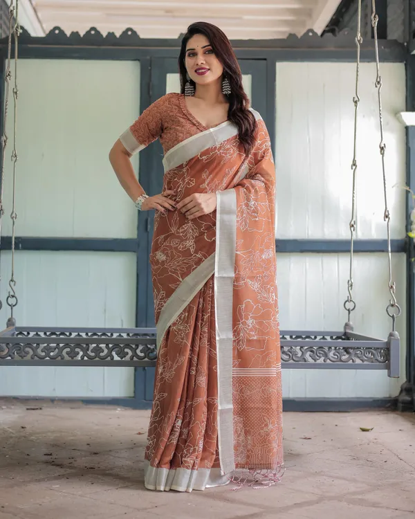 Terracotta_Brown_Floral_Handprinted_Pure_Cotton_Linen_Saree_with_Tassels